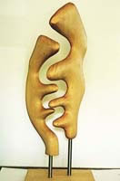 Abstract sculpture carved in jeluton pine timber entitled 'II Gether'